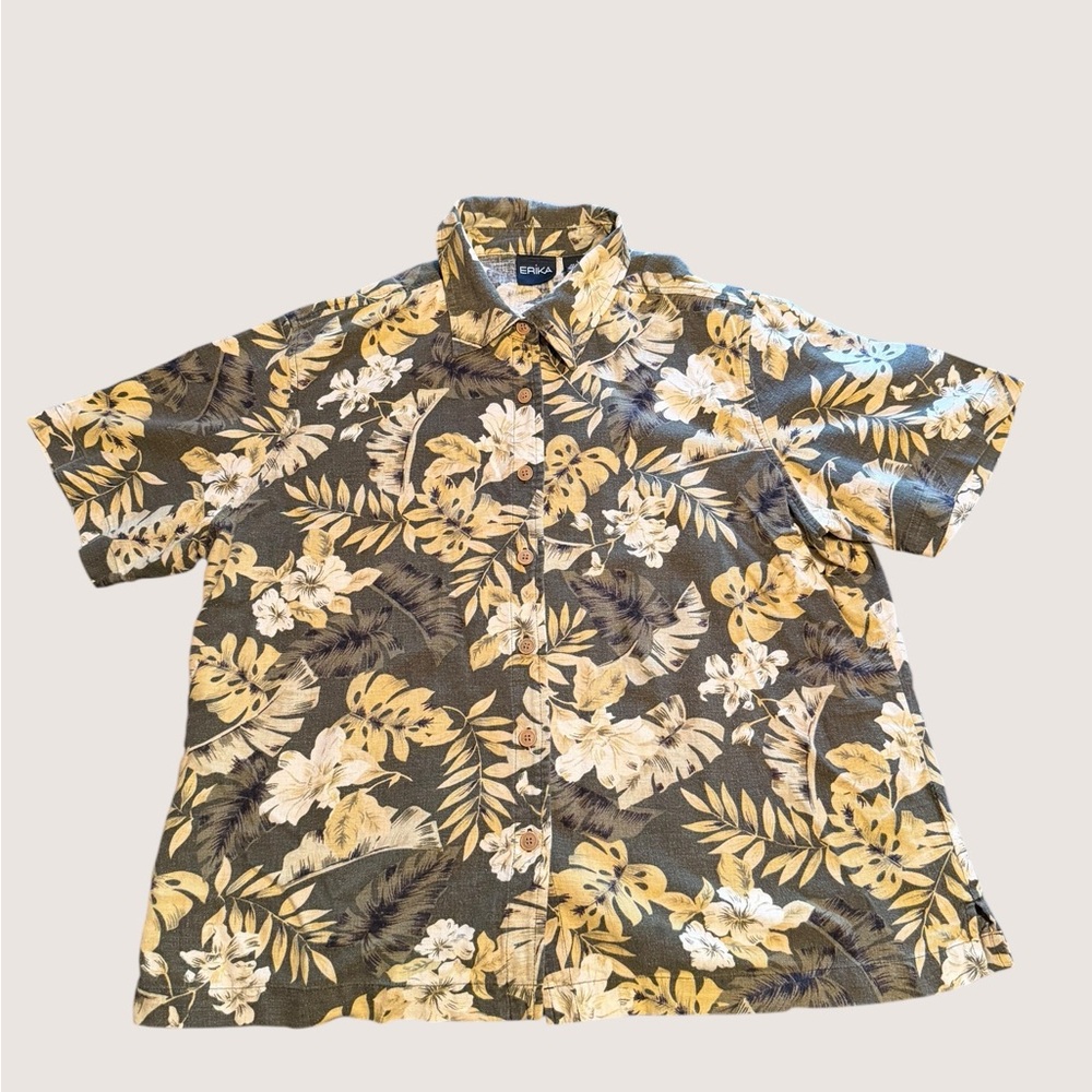 Erika Large Tropical Leaf Jungle Green Beige Print Button Up Shirt Linen Rayon
